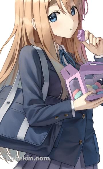 カラフルなマカロンを食べる制服姿の可愛い琴吹紬(ことぶき つむぎ) / けいおん!のAndroidの壁紙(360px x 592px) スマホ用