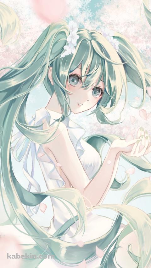 淡い色調で描かれた桜の花びらと初音ミク / ボカロ / ボーカロイドのAndroidの壁紙(480px x 854px) スマホ用