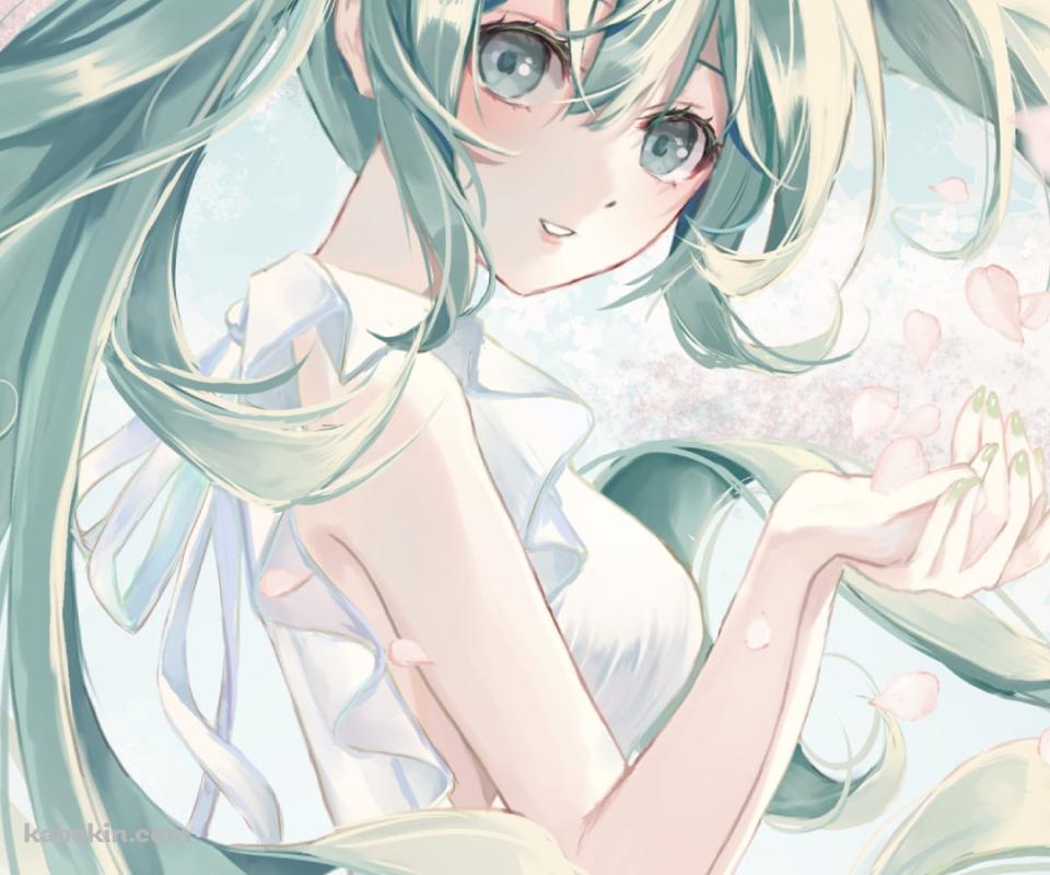 淡い色調で描かれた桜の花びらと初音ミク / ボカロ / ボーカロイドのAndroidの壁紙(960px x 800px) スマホ用