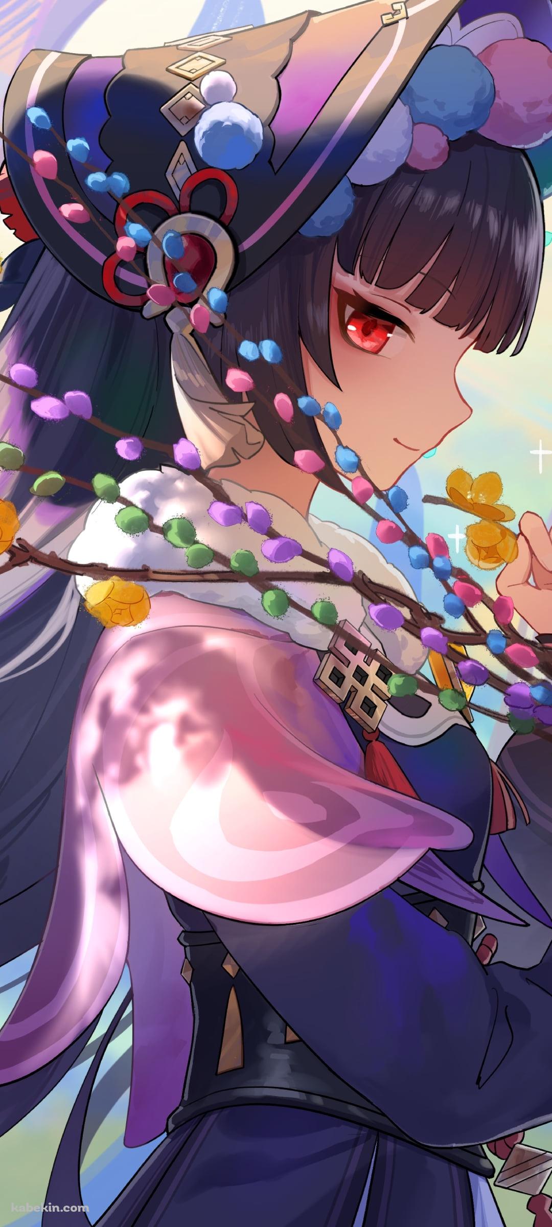 花を持ちこちらを見る綺麗な雲菫 / 横顔 / 原神のAndroidの壁紙(1080px x 2400px) スマホ用