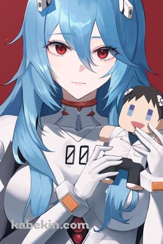碇シンジのぬいぐるみを持つロングヘア―の綾波レイ / 新世紀エヴァンゲリオンのAndroidの壁紙(320px x 480px) スマホ用