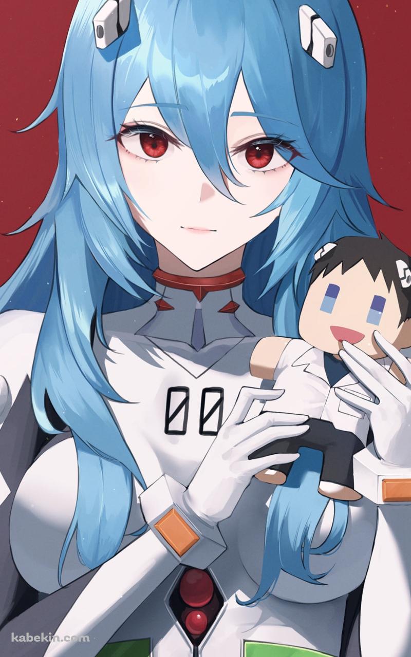 碇シンジのぬいぐるみを持つロングヘア―の綾波レイ / 新世紀エヴァンゲリオンのAndroidの壁紙(800px x 1280px) スマホ用