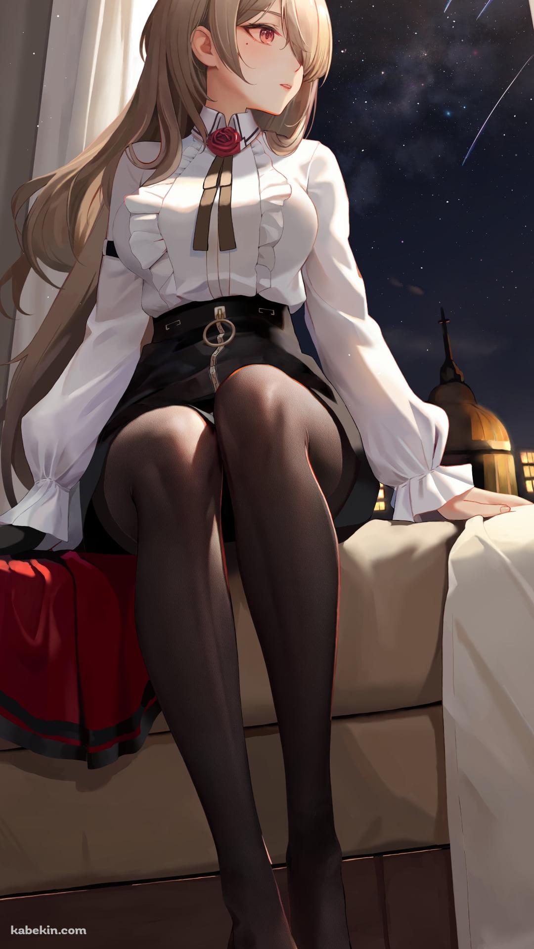 ベッドに座り窓の外の夜空を見つめるリタ・ロスヴァイセ / 崩壊3rd / 崩坏3rdのAndroidの壁紙(1080px x 1920px) スマホ用