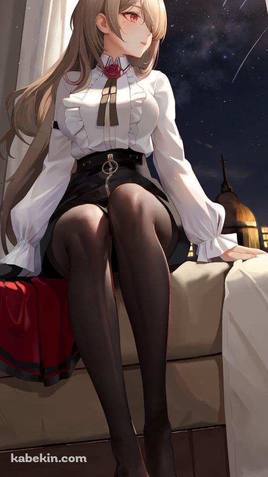 ベッドに座り窓の外の夜空を見つめるリタ・ロスヴァイセ / 崩壊3rd / 崩坏3rdのAndroidの壁紙(540px x 960px) スマホ用