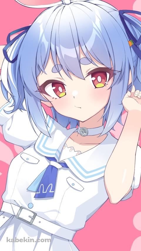 右手を頭の後ろ、左手で髪を触る可愛い兎田ぺこら / ホロライブ / バーチャルYouTuber / VtuberのAndroidの壁紙(480px x 854px) スマホ用