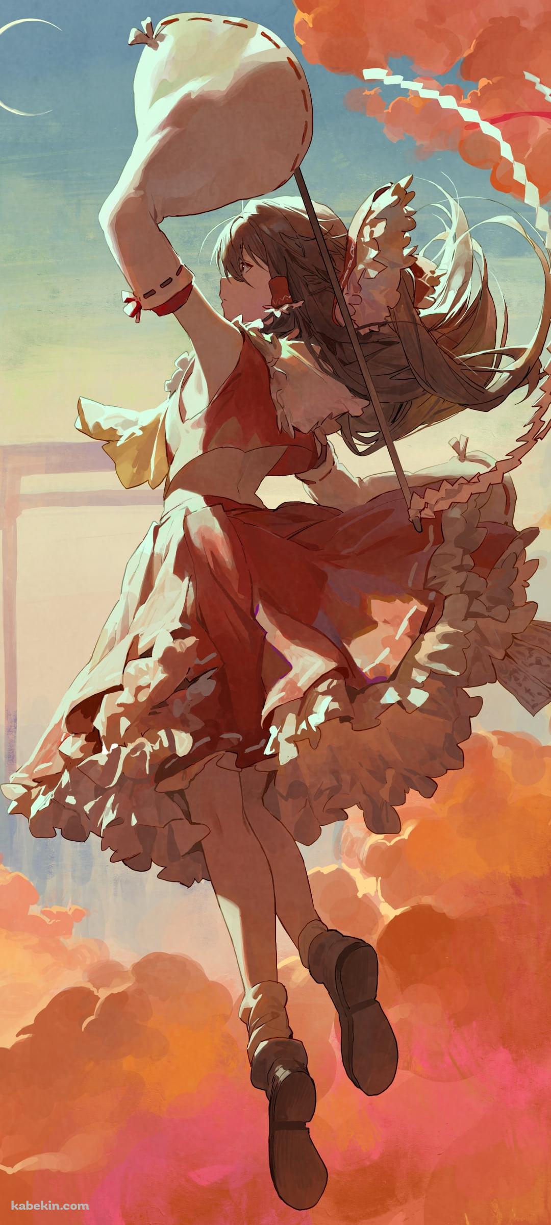 オレンジの雲と三日月と博麗霊夢 / 東方のAndroidの壁紙(1080px x 2400px) スマホ用