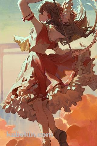 オレンジの雲と三日月と博麗霊夢 / 東方のAndroidの壁紙(320px x 480px) スマホ用