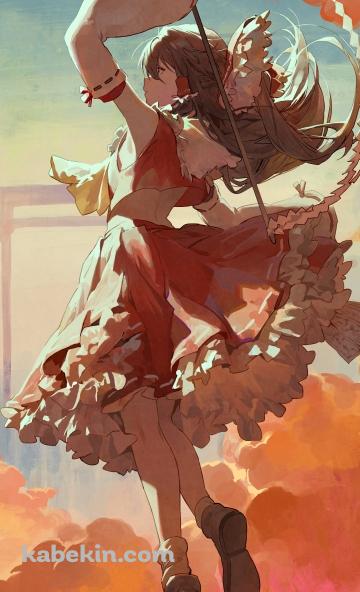 オレンジの雲と三日月と博麗霊夢 / 東方のAndroidの壁紙(360px x 592px) スマホ用