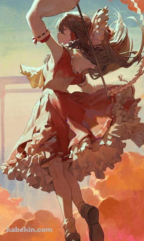 オレンジの雲と三日月と博麗霊夢 / 東方のAndroidの壁紙(480px x 800px) スマホ用