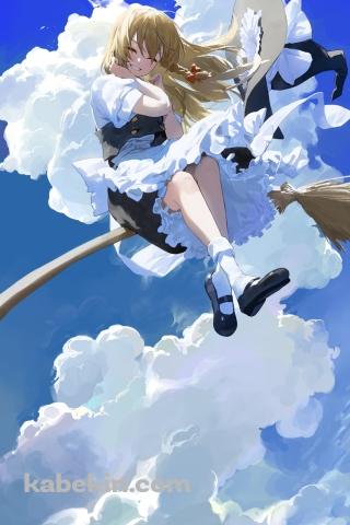 ホウキに乗った笑顔の霧雨魔理沙 / 晴天 / 東方のAndroidの壁紙(320px x 480px) スマホ用