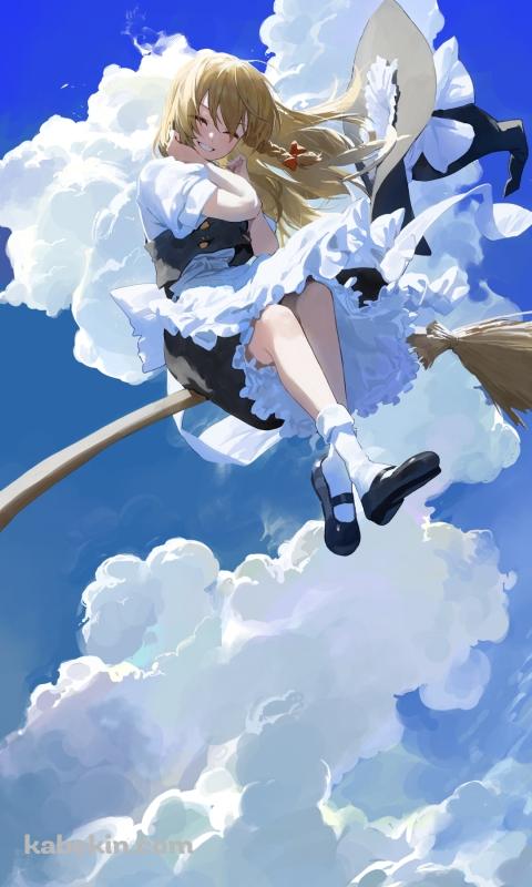 ホウキに乗った笑顔の霧雨魔理沙 / 晴天 / 東方のAndroidの壁紙(480px x 800px) スマホ用