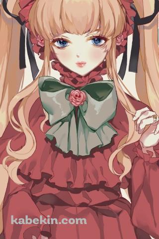 赤いドレスを着た真紅 / 緑のリボン / ローゼンメイデンのAndroidの壁紙(320px x 480px) スマホ用