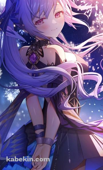 綺麗な花火と手を後ろに組んでこちらに振り向く刻晴 / 原神のAndroidの壁紙(360px x 592px) スマホ用