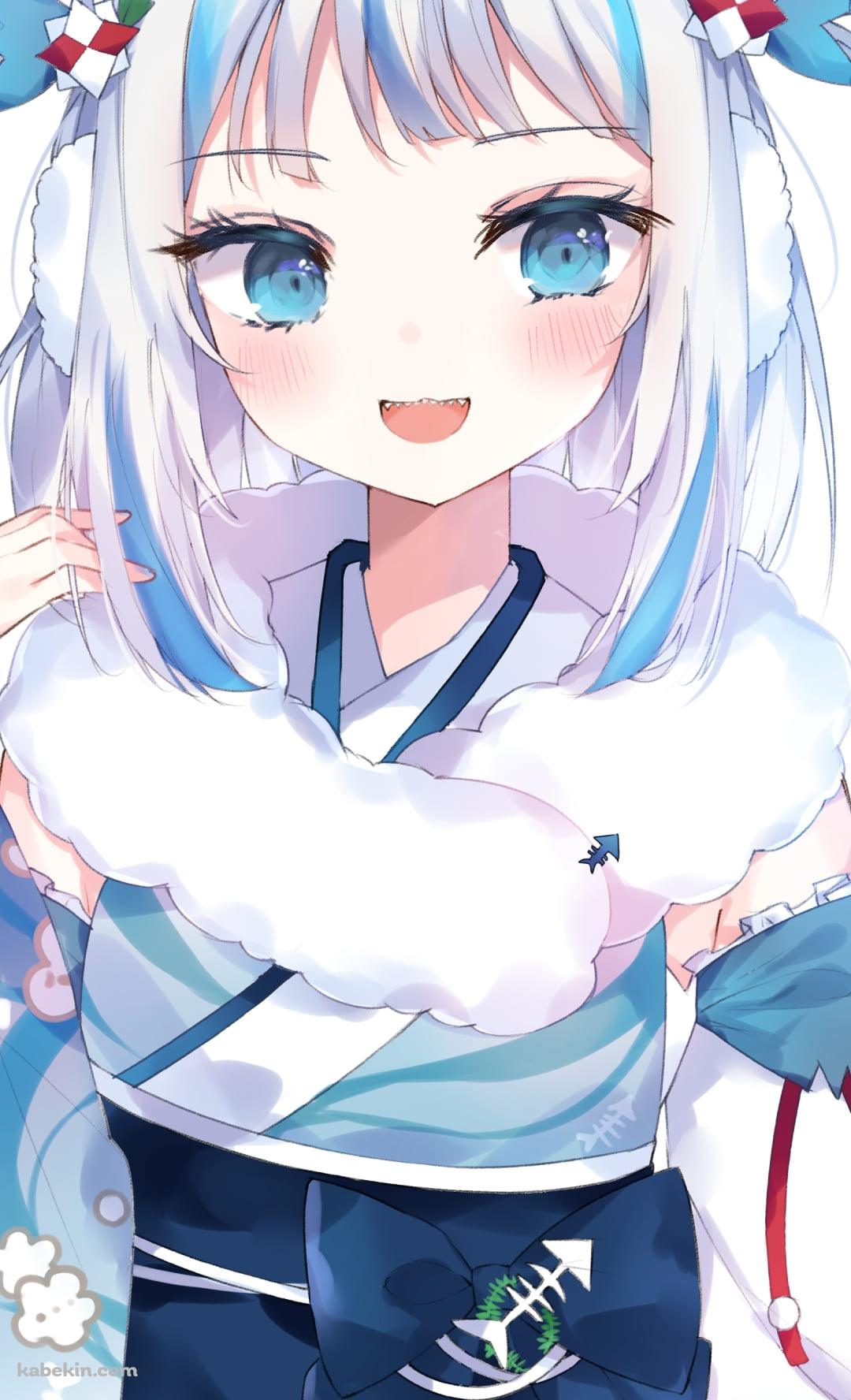 水色の着物を着た可愛いがうる・ぐら / ホロライブ / バーチャルYouTuber / VtuberのAndroidの壁紙(1080px x 1776px) スマホ用