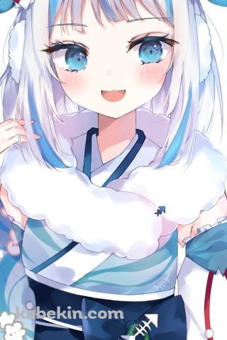 水色の着物を着た可愛いがうる・ぐら / ホロライブ / バーチャルYouTuber / VtuberのAndroidの壁紙(320px x 480px) スマホ用