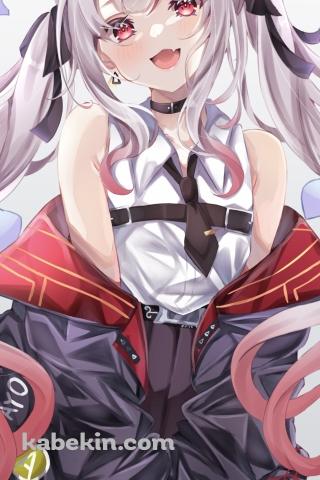 黒い刀を両手で持ち笑顔の百鬼あやめ / ホロライブ / バーチャルYouTuber / VtuberのAndroidの壁紙(320px x 480px) スマホ用
