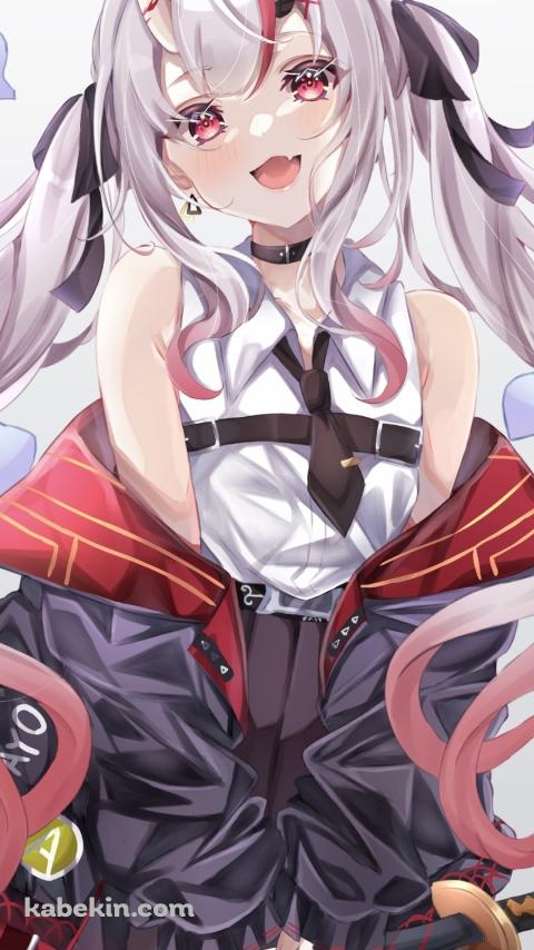 黒い刀を両手で持ち笑顔の百鬼あやめ / ホロライブ / バーチャルYouTuber / VtuberのAndroidの壁紙(480px x 854px) スマホ用