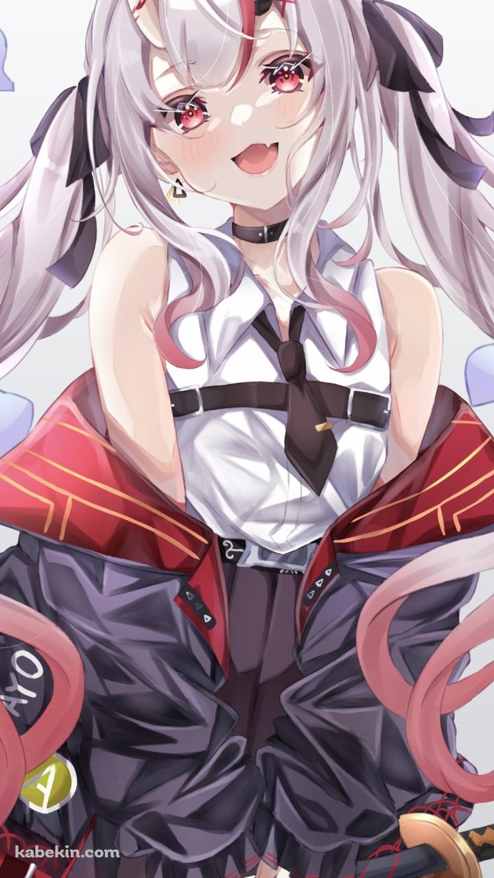 黒い刀を両手で持ち笑顔の百鬼あやめ / ホロライブ / バーチャルYouTuber / VtuberのAndroidの壁紙(720px x 1280px) スマホ用