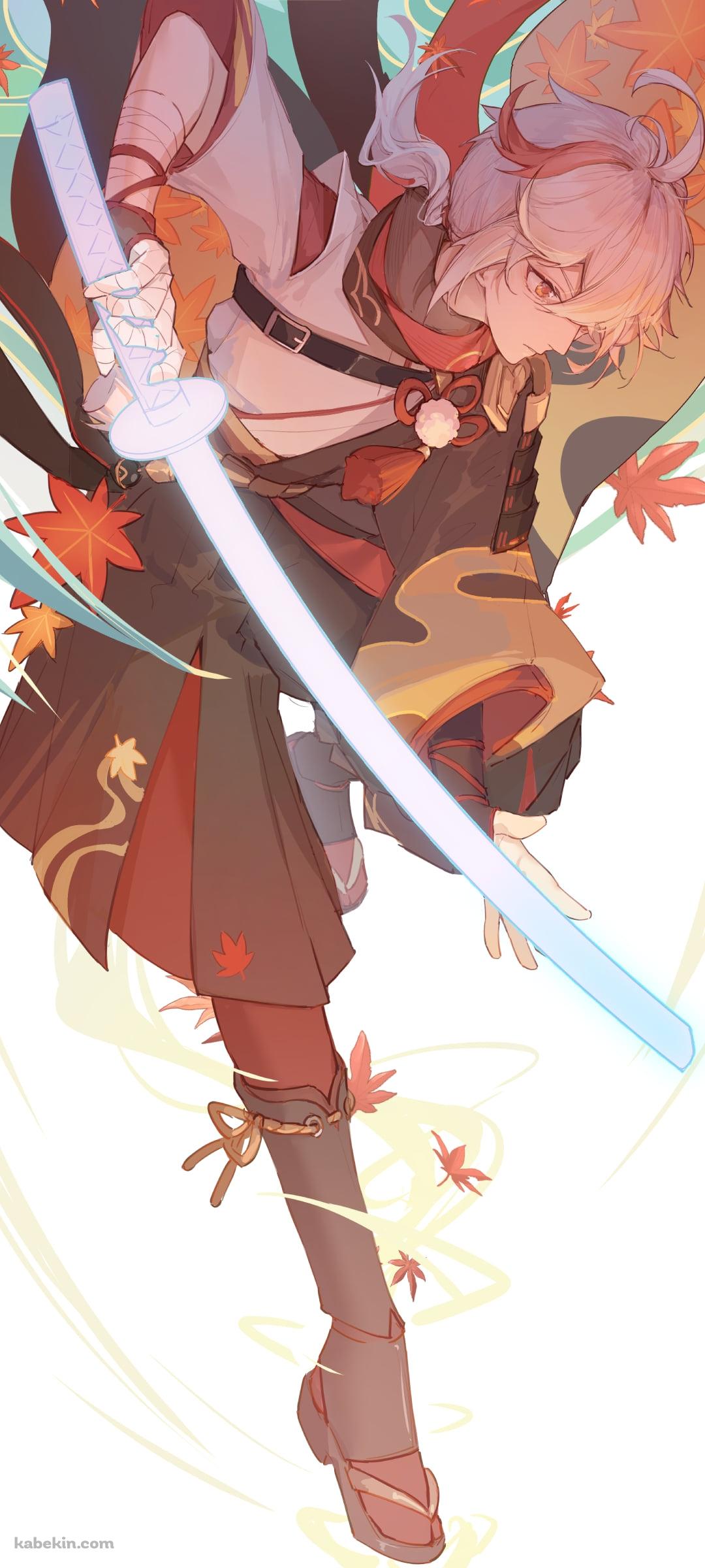 下に向かって剣を振るう楓原万葉（かえではらかずは） / 原神のAndroidの壁紙(1080px x 2400px) スマホ用