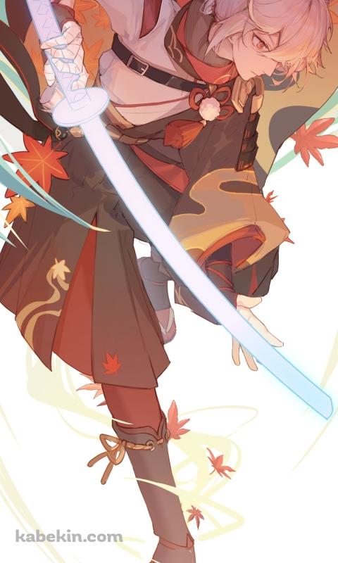 下に向かって剣を振るう楓原万葉（かえではらかずは） / 原神のAndroidの壁紙(480px x 800px) スマホ用