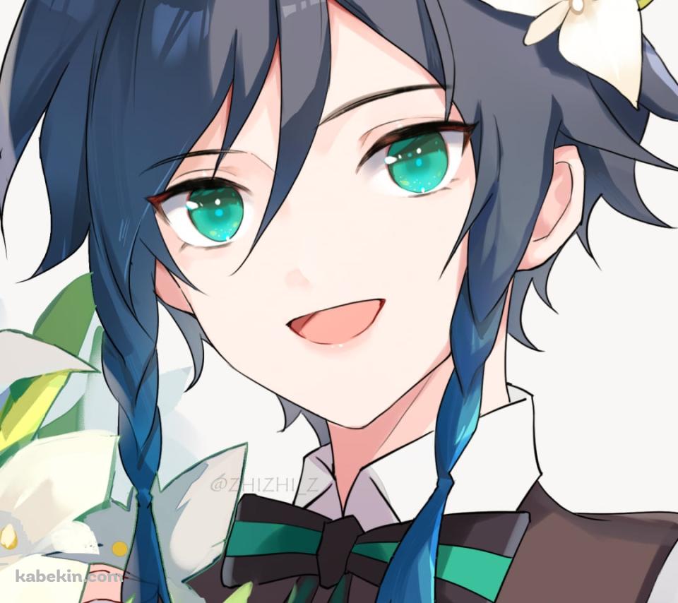 白い花を持つ笑顔のウェンティ / 白い花の髪飾り / 原神のAndroidの壁紙(960px x 854px) スマホ用
