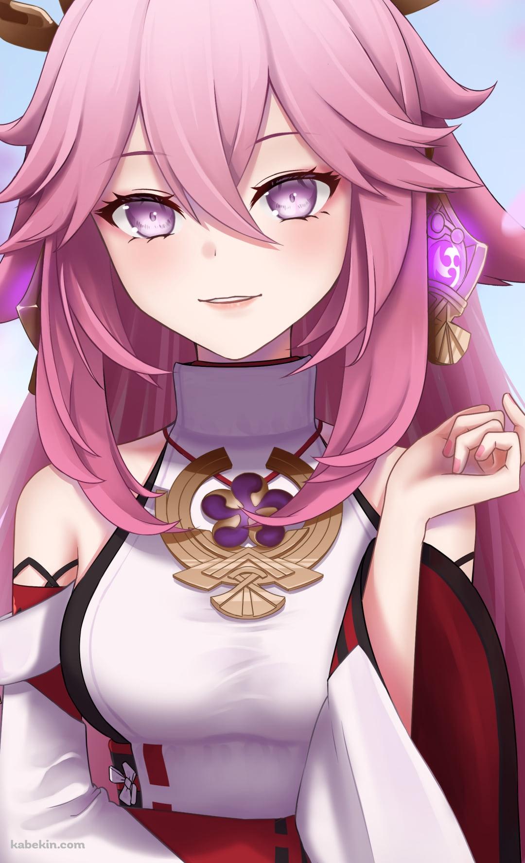 光沢感のある色彩で描かれた可愛い八重神子 / 舞い散る桜の花びら / 原神のAndroidの壁紙(1080px x 1776px) スマホ用