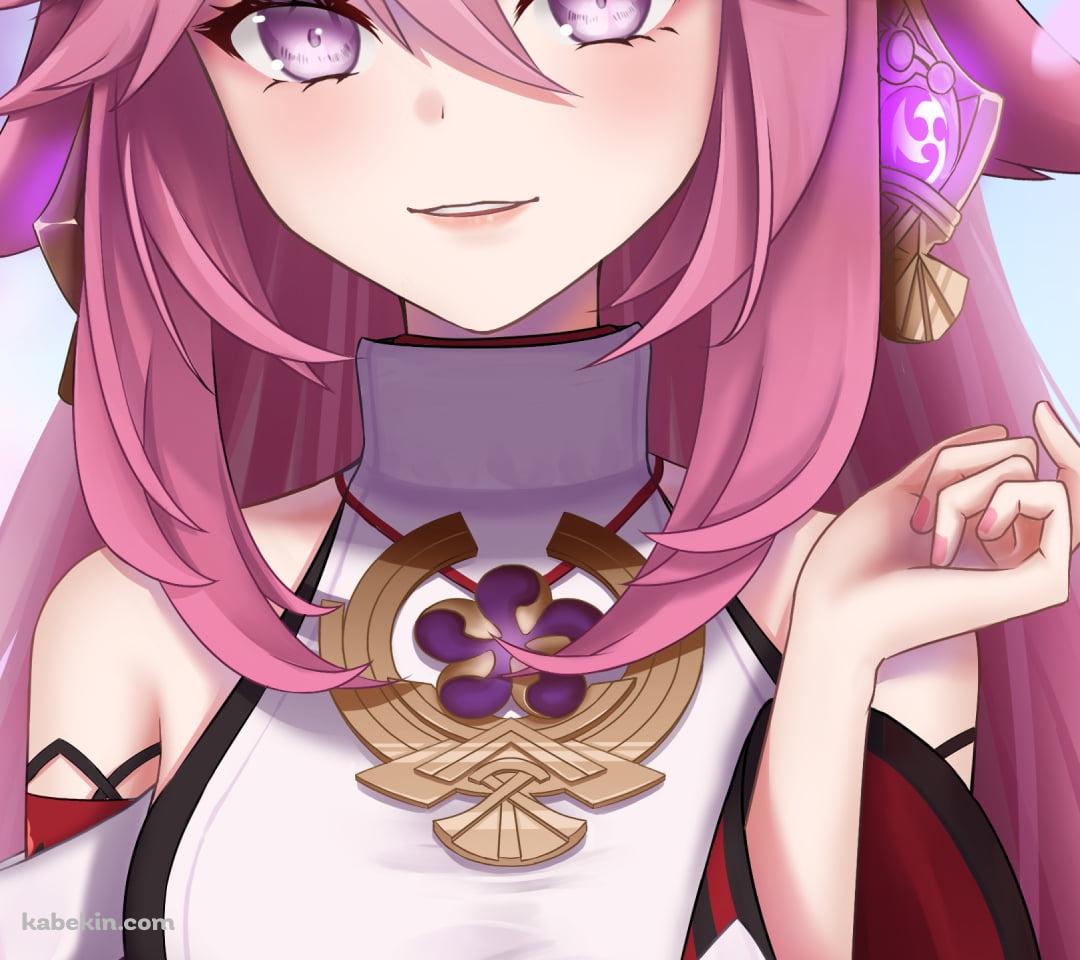 光沢感のある色彩で描かれた可愛い八重神子 / 舞い散る桜の花びら / 原神のAndroidの壁紙(1080px x 960px) スマホ用