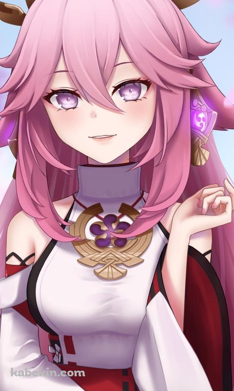 光沢感のある色彩で描かれた可愛い八重神子 / 舞い散る桜の花びら / 原神のAndroidの壁紙(480px x 800px) スマホ用