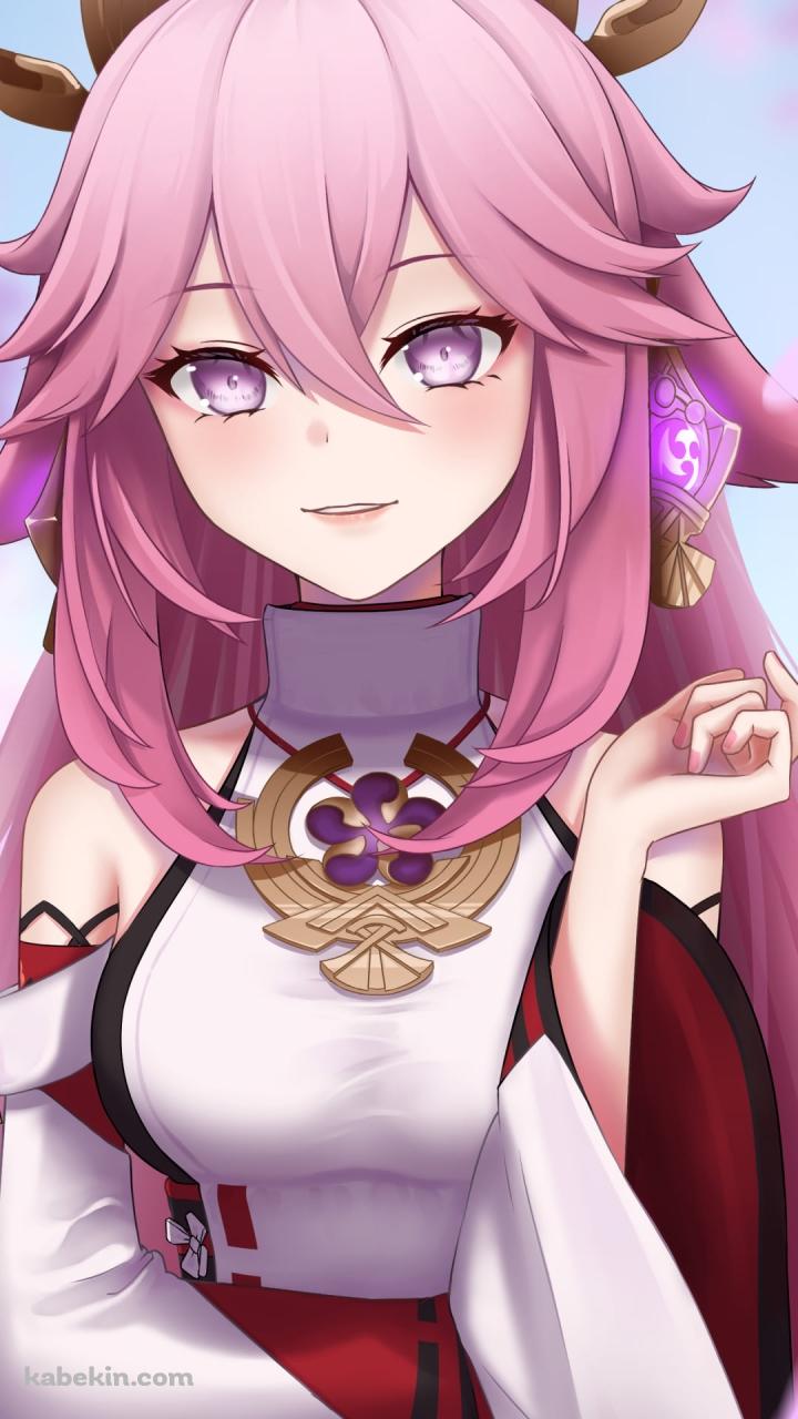 光沢感のある色彩で描かれた可愛い八重神子 / 舞い散る桜の花びら / 原神のAndroidの壁紙(720px x 1280px) スマホ用