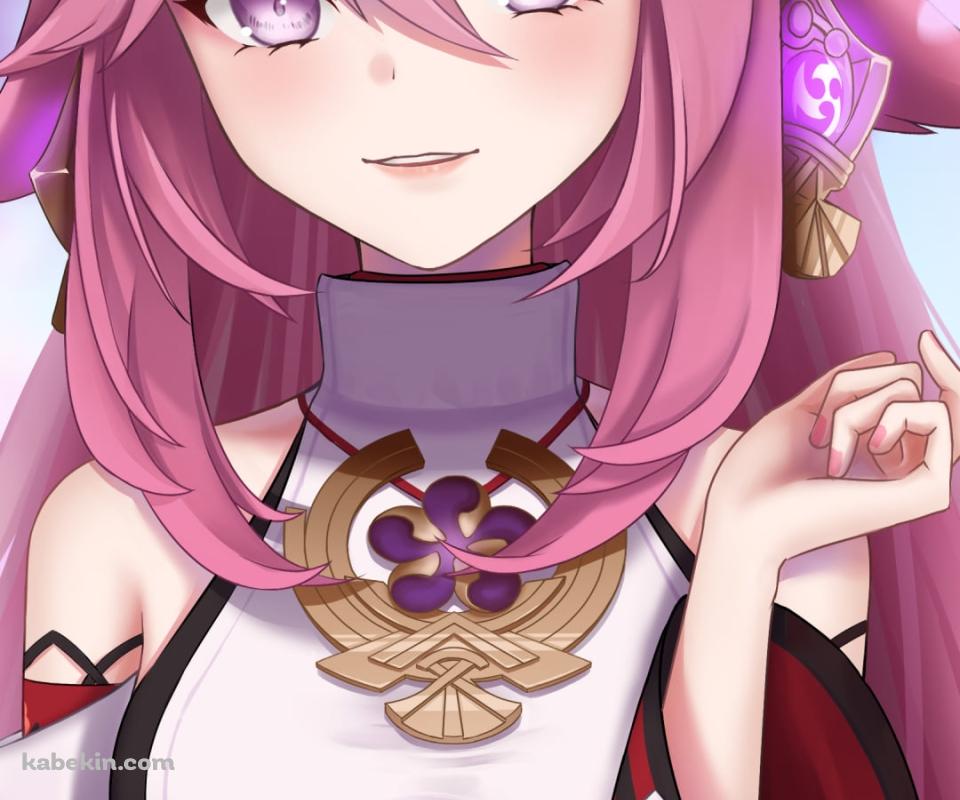 光沢感のある色彩で描かれた可愛い八重神子 / 舞い散る桜の花びら / 原神のAndroidの壁紙(960px x 800px) スマホ用