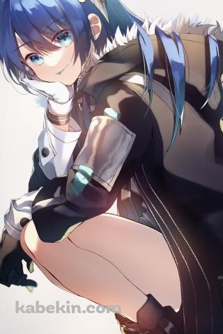 座って顔に手をあてながらこちらを見る可愛いモスティマ / アークナイツのAndroidの壁紙(320px x 480px) スマホ用