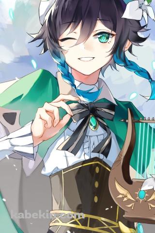 ハープを持ってウィンクをするウェンティ / 原神のAndroidの壁紙(320px x 480px) スマホ用
