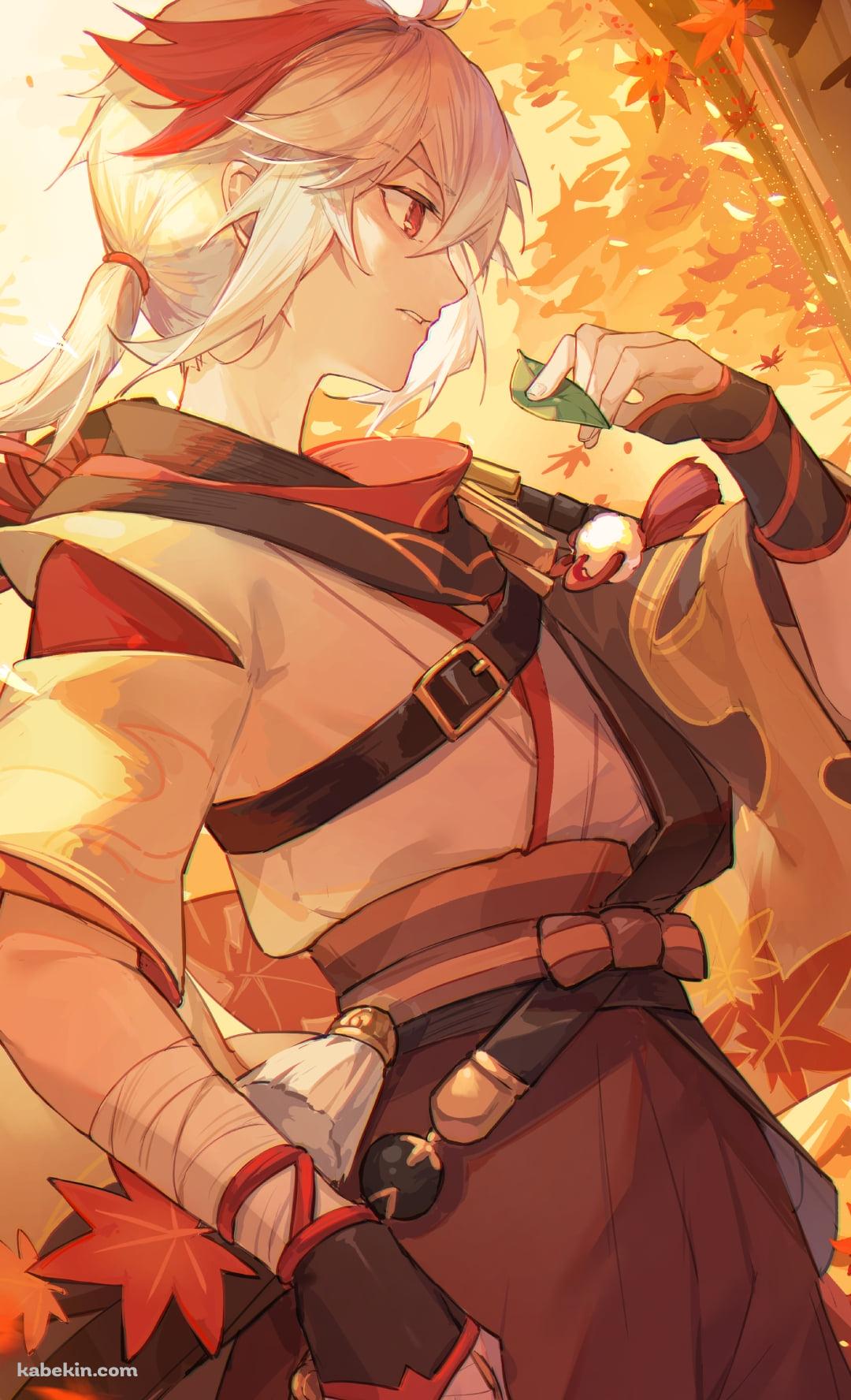 紅葉の中で緑の草を掴むかっこいい楓原万葉（かえではらかずは） / 原神のAndroidの壁紙(1080px x 1776px) スマホ用