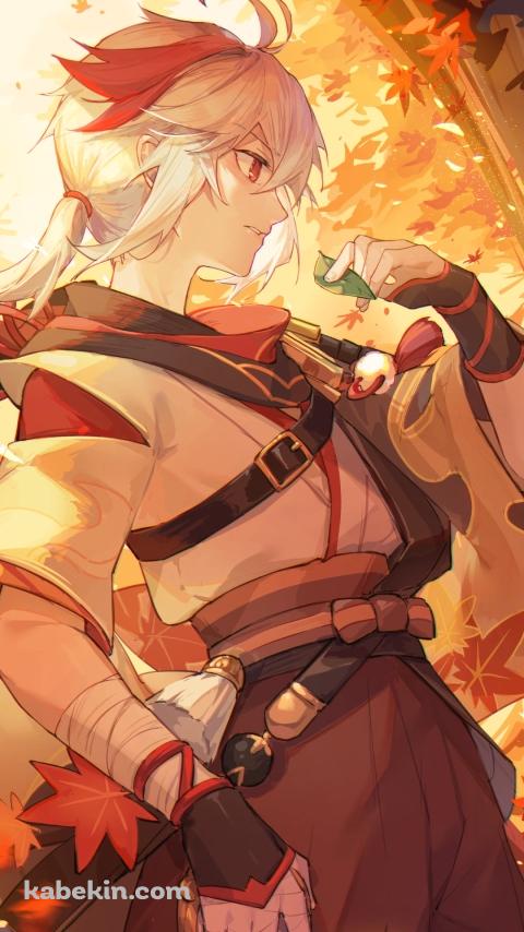 紅葉の中で緑の草を掴むかっこいい楓原万葉（かえではらかずは） / 原神のAndroidの壁紙(480px x 854px) スマホ用