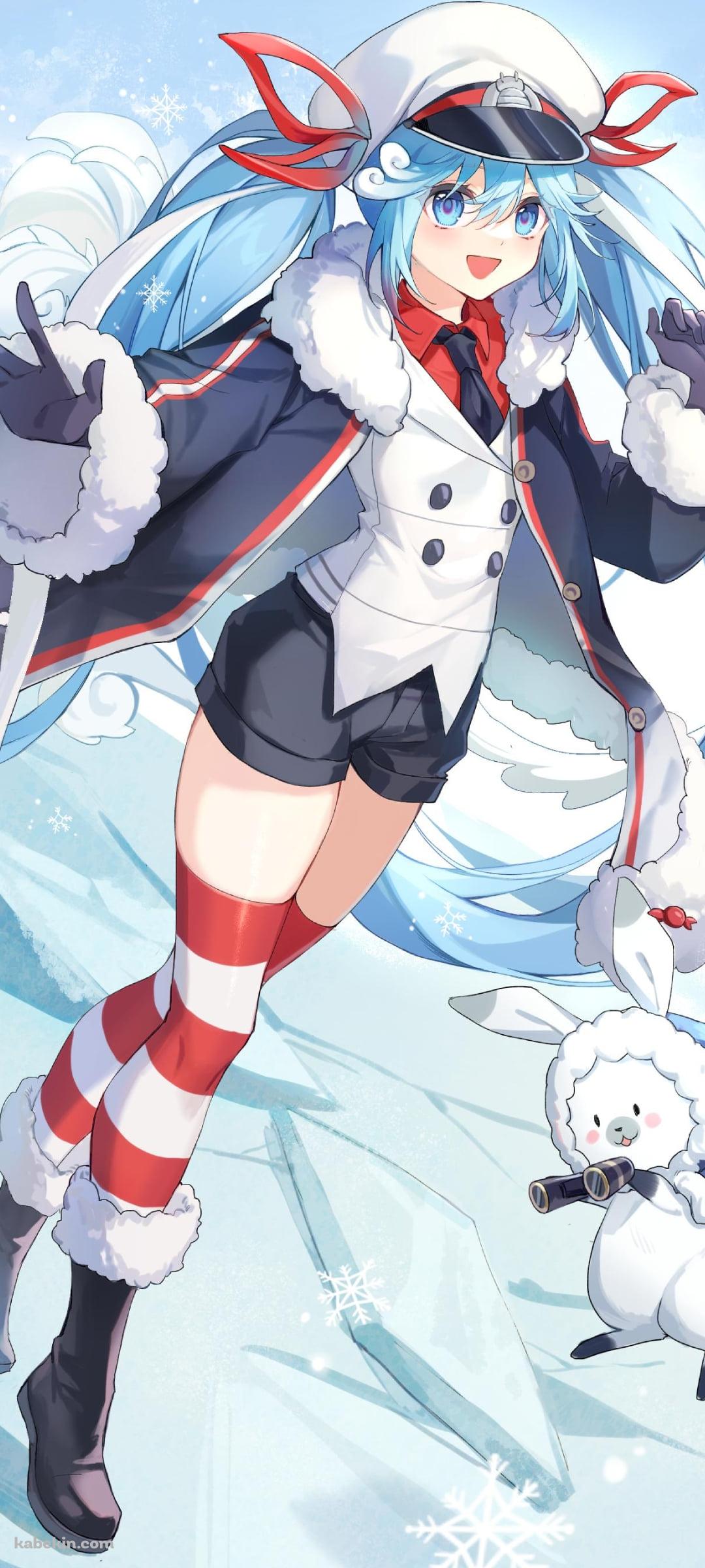 氷上に立ち笑顔の雪ミクとラビット・ユキネ / 可愛い / ボカロ / ボーカロイドのAndroidの壁紙(1080px x 2400px) スマホ用