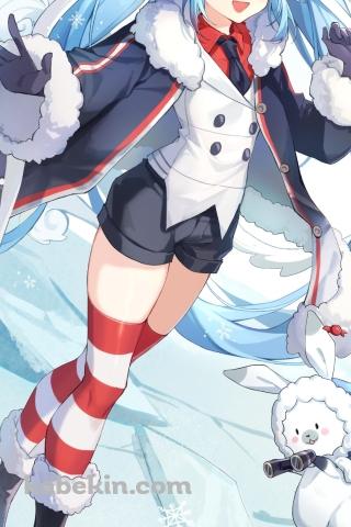 氷上に立ち笑顔の雪ミクとラビット・ユキネ / 可愛い / ボカロ / ボーカロイドのAndroidの壁紙(320px x 480px) スマホ用