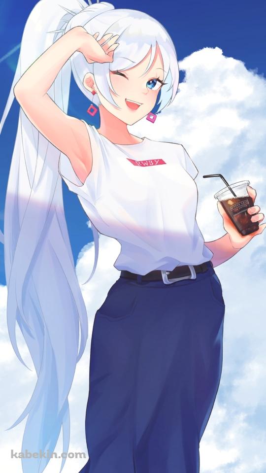晴天の下でアイスコーヒーを飲むワイス・シュニー / シュニー・ダスト・カンパニー / 令嬢 / RWBYのAndroidの壁紙(540px x 960px) スマホ用