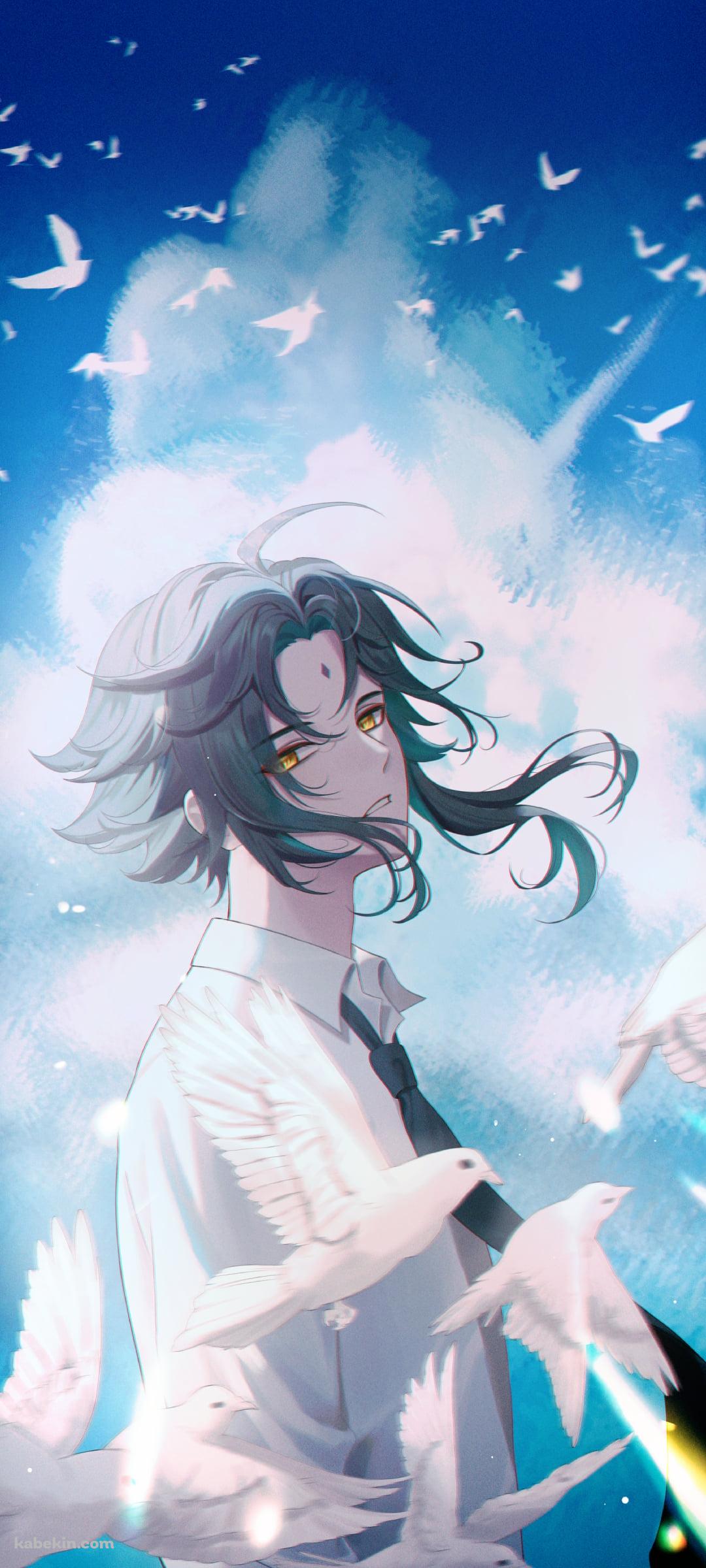 白い鳩の群れと魈 / 原神のAndroidの壁紙(1080px x 2400px) スマホ用