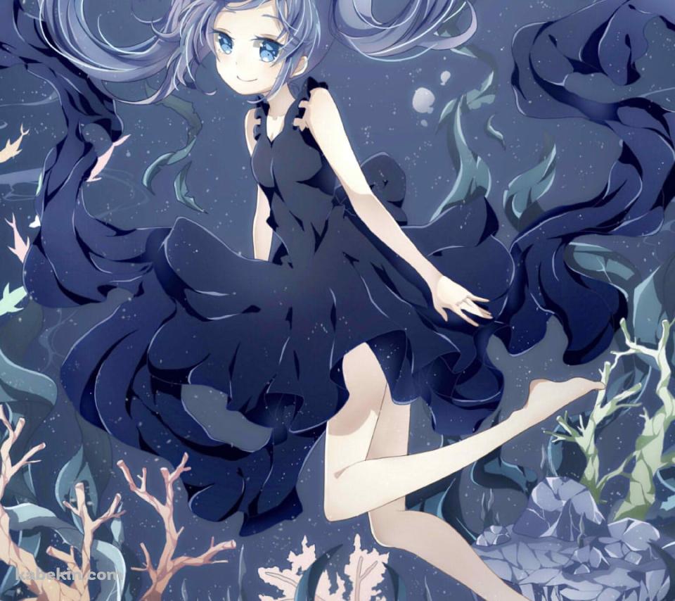 暗い海の中でこちらを見つめる可愛い初音ミク / 珊瑚 / クラゲ / ボカロ / ボーカロイドのAndroidの壁紙(960px x 854px) スマホ用