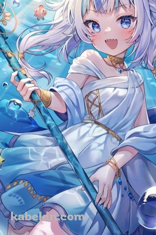 海の中で三つ又の鉾を持つ可愛いがうる・ぐら / 熱帯魚 / 水泡 / ホロライブ / バーチャルYouTuber / VtuberのAndroidの壁紙(320px x 480px) スマホ用