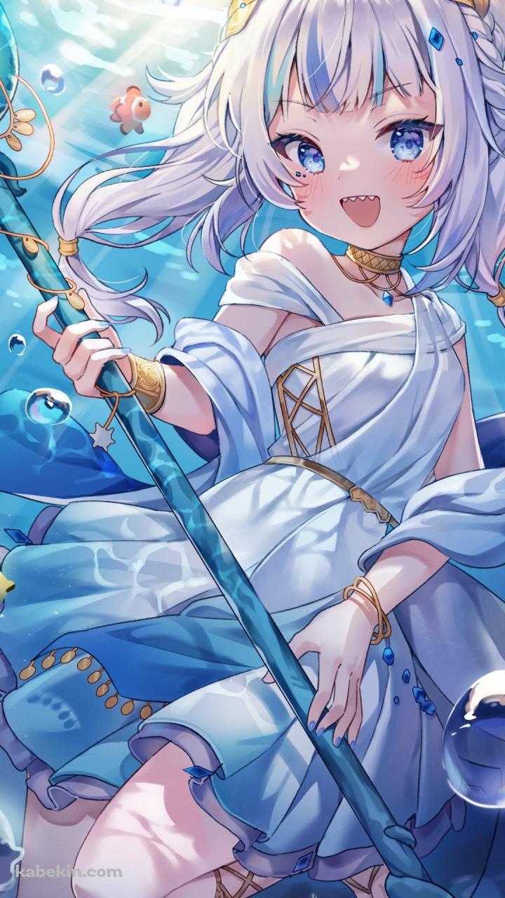 海の中で三つ又の鉾を持つ可愛いがうる・ぐら / 熱帯魚 / 水泡 / ホロライブ / バーチャルYouTuber / VtuberのAndroidの壁紙(720px x 1280px) スマホ用