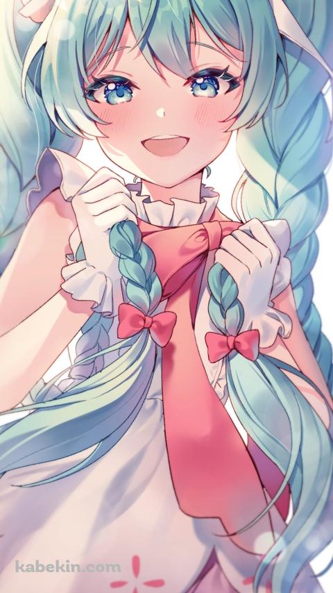 左右の三つ編みを持ち笑顔の初音ミク / 可愛い / ボカロ / ボーカロイドのAndroidの壁紙(480px x 854px) スマホ用
