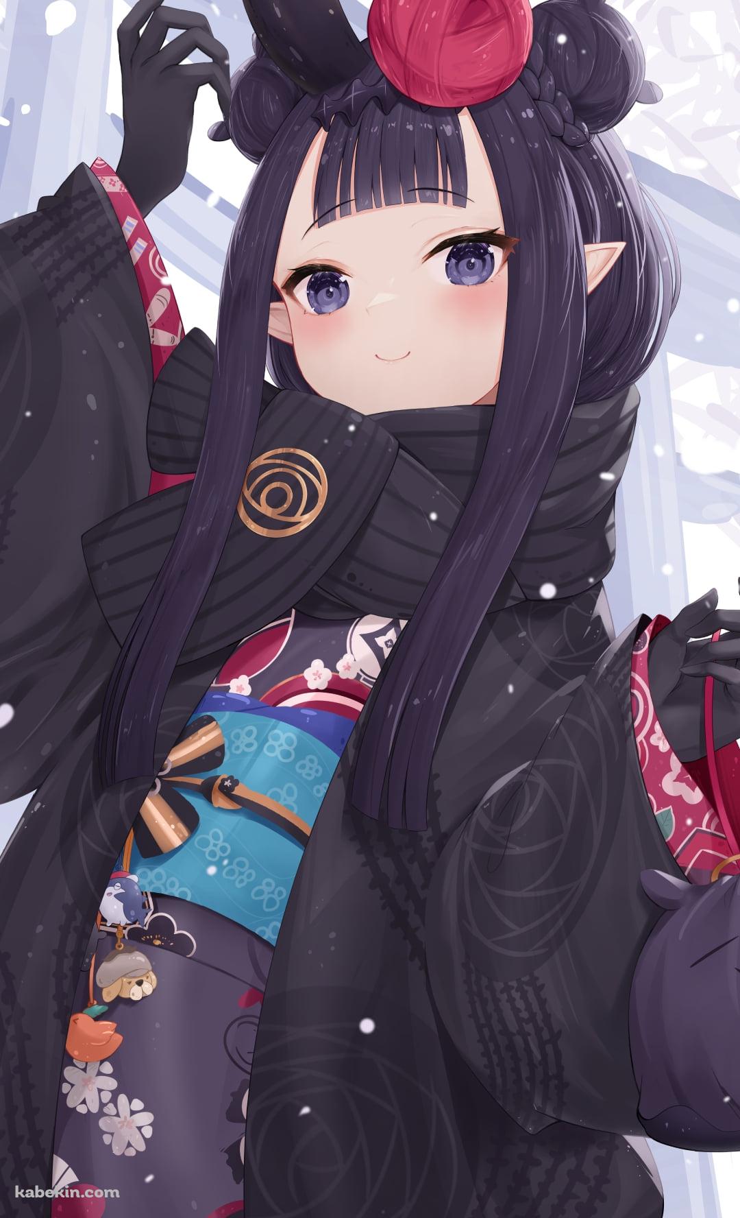 黒い着物を着た可愛い一伊那尓栖 / 鳥居 / 冬 / 雪 / ホロライブ / バーチャルYouTuber / VtuberのAndroidの壁紙(1080px x 1776px) スマホ用