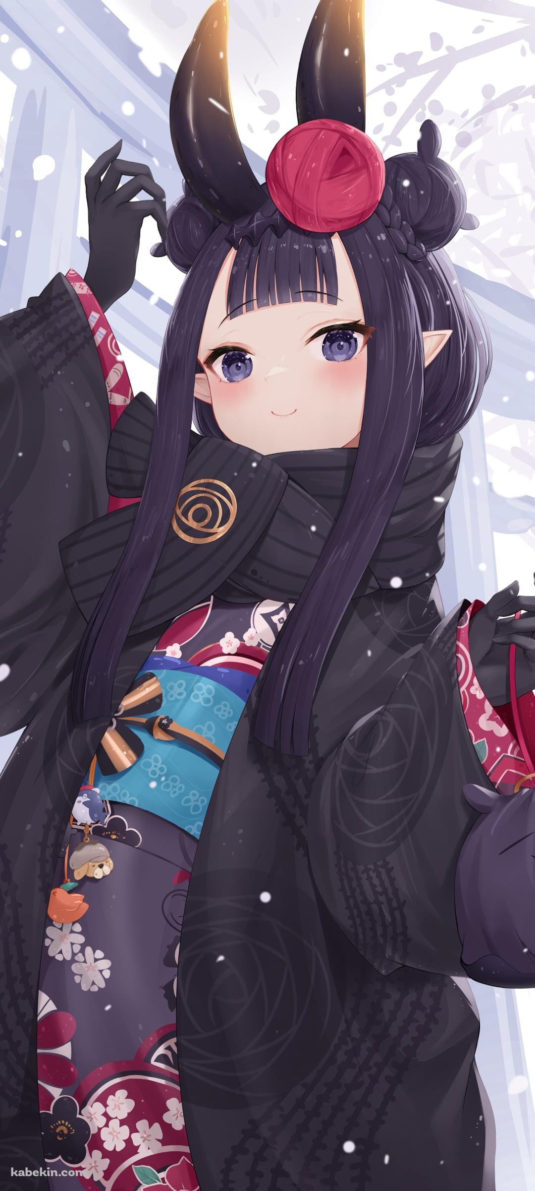 黒い着物を着た可愛い一伊那尓栖 / 鳥居 / 冬 / 雪 / ホロライブ / バーチャルYouTuber / VtuberのAndroidの壁紙(1080px x 2400px) スマホ用