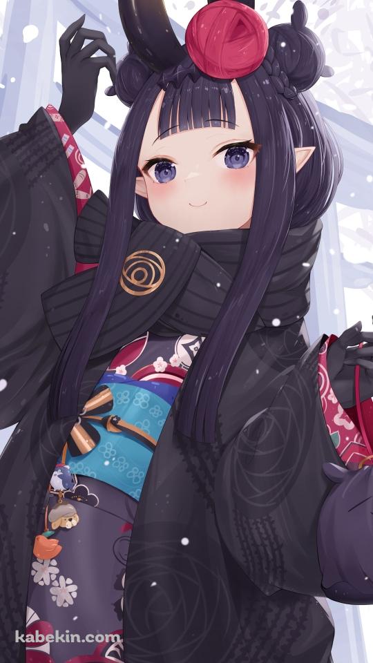 黒い着物を着た可愛い一伊那尓栖 / 鳥居 / 冬 / 雪 / ホロライブ / バーチャルYouTuber / VtuberのAndroidの壁紙(540px x 960px) スマホ用