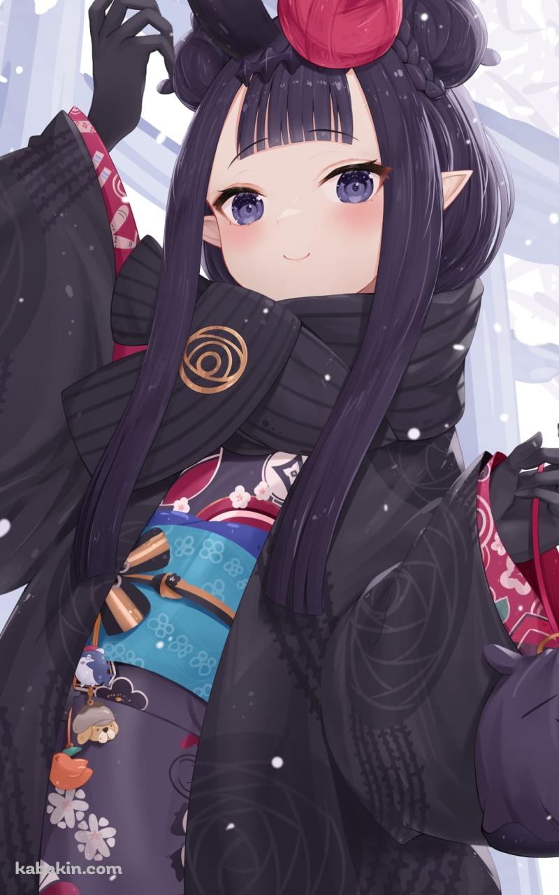 黒い着物を着た可愛い一伊那尓栖 / 鳥居 / 冬 / 雪 / ホロライブ / バーチャルYouTuber / VtuberのAndroidの壁紙(800px x 1280px) スマホ用