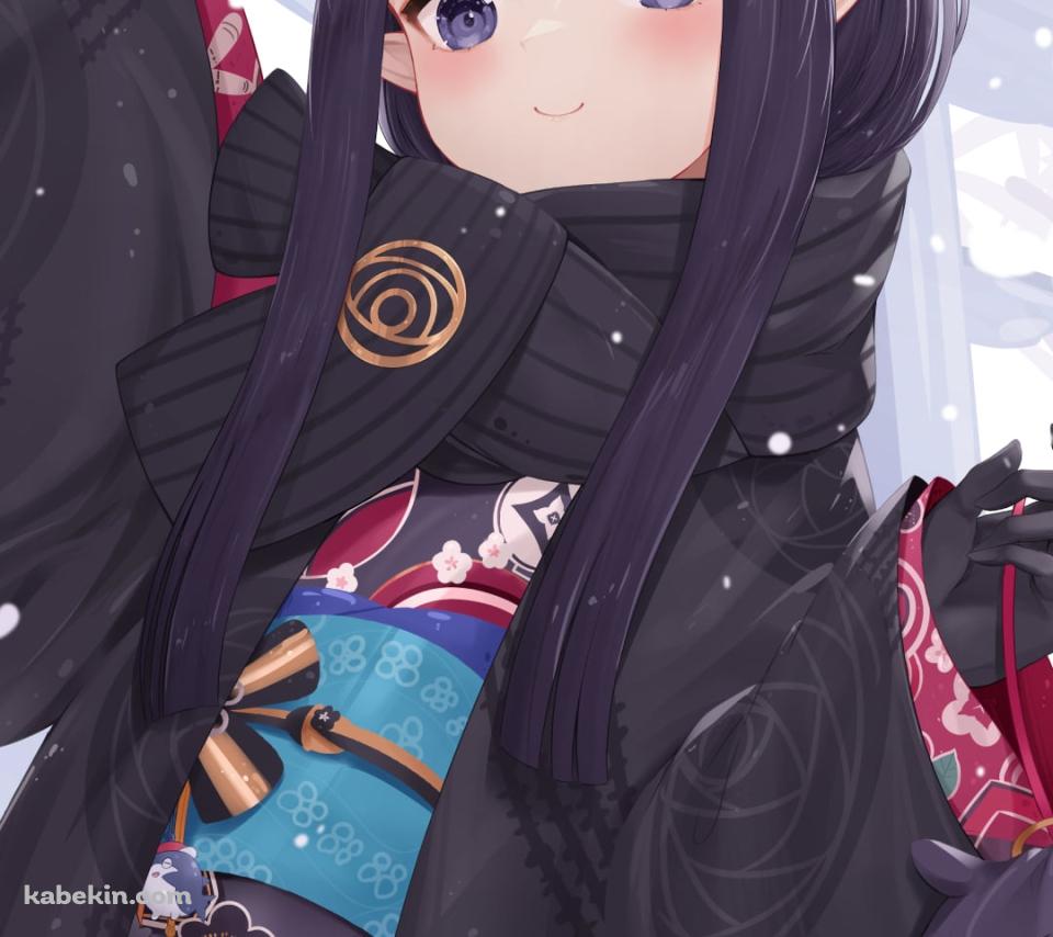 黒い着物を着た可愛い一伊那尓栖 / 鳥居 / 冬 / 雪 / ホロライブ / バーチャルYouTuber / VtuberのAndroidの壁紙(960px x 854px) スマホ用