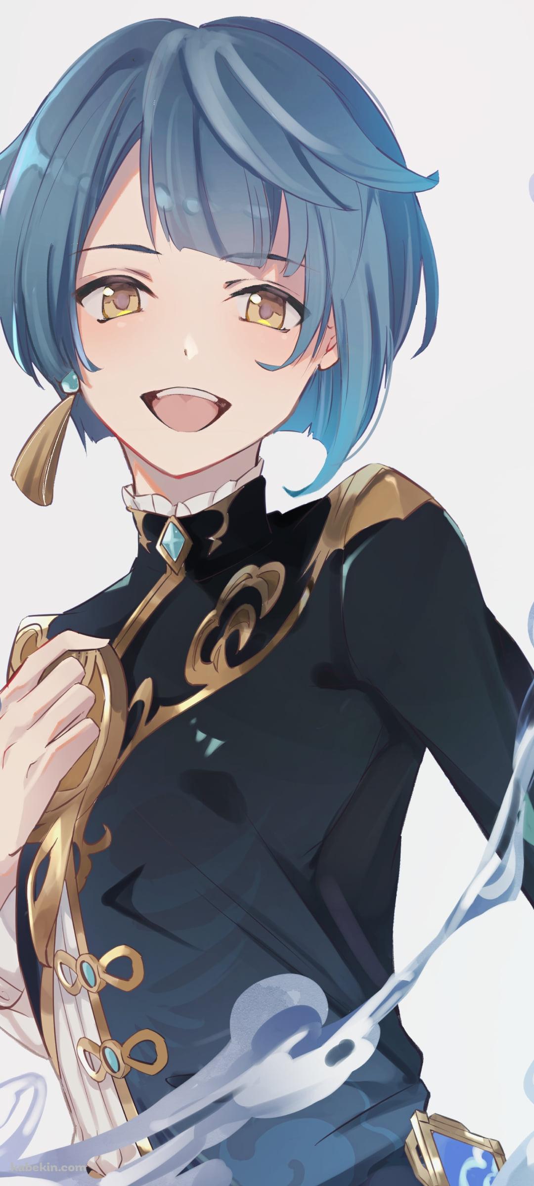 黒い制服を着た笑顔の行秋（ゆくあき） / 原神のAndroidの壁紙(1080px x 2400px) スマホ用