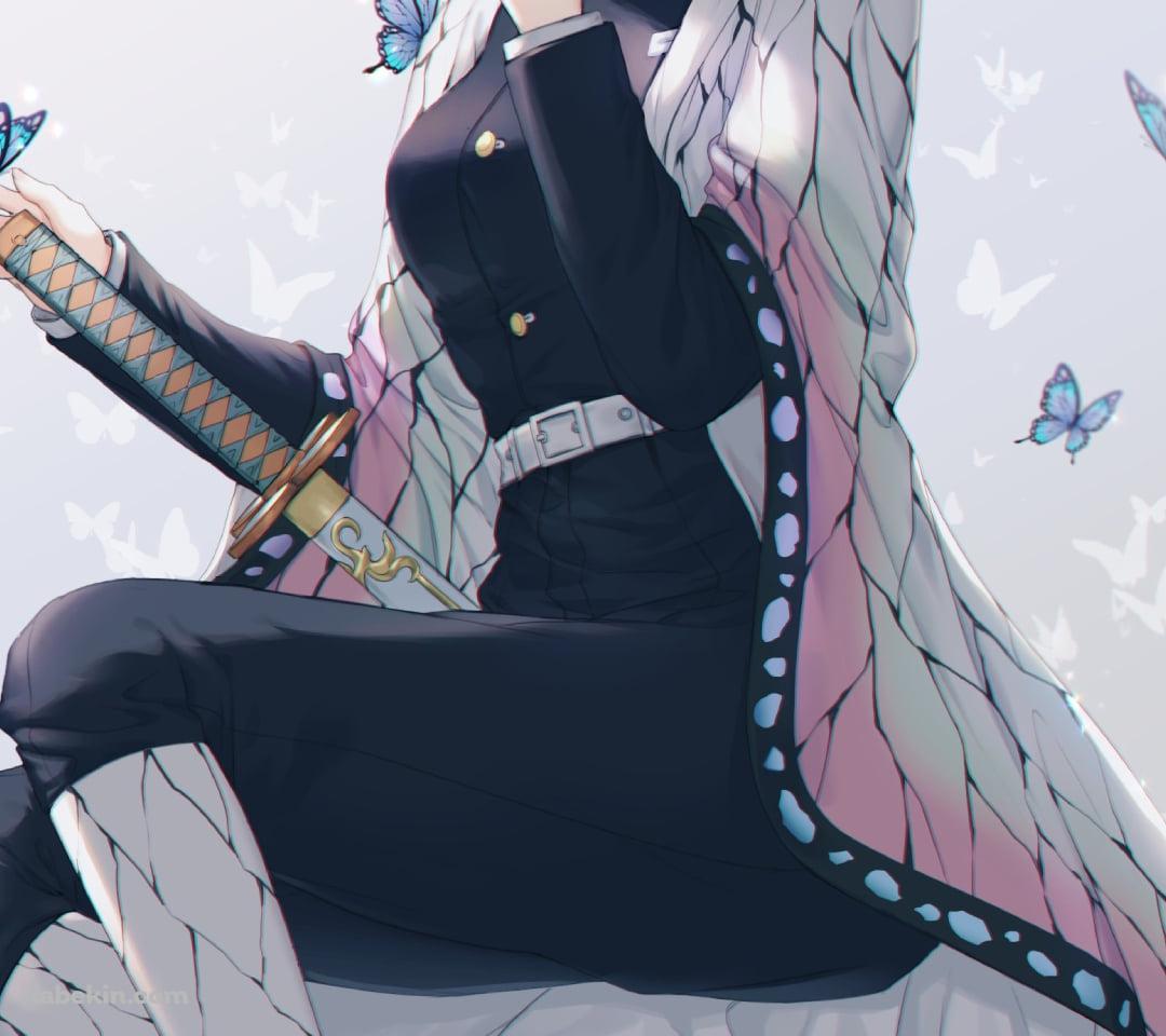 左手の人差し指を口元にあてる胡蝶しのぶ / 鬼滅の刃のAndroidの壁紙(1080px x 960px) スマホ用