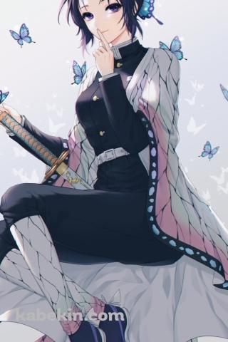 左手の人差し指を口元にあてる胡蝶しのぶ / 鬼滅の刃のAndroidの壁紙(320px x 480px) スマホ用